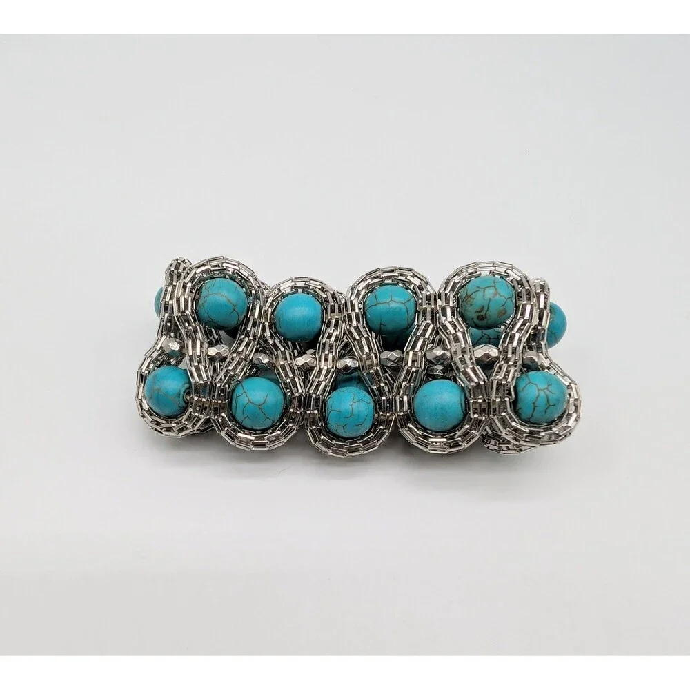 Faux Turquoise Bead Silver Tone Stretch Metal Bracelet Boho